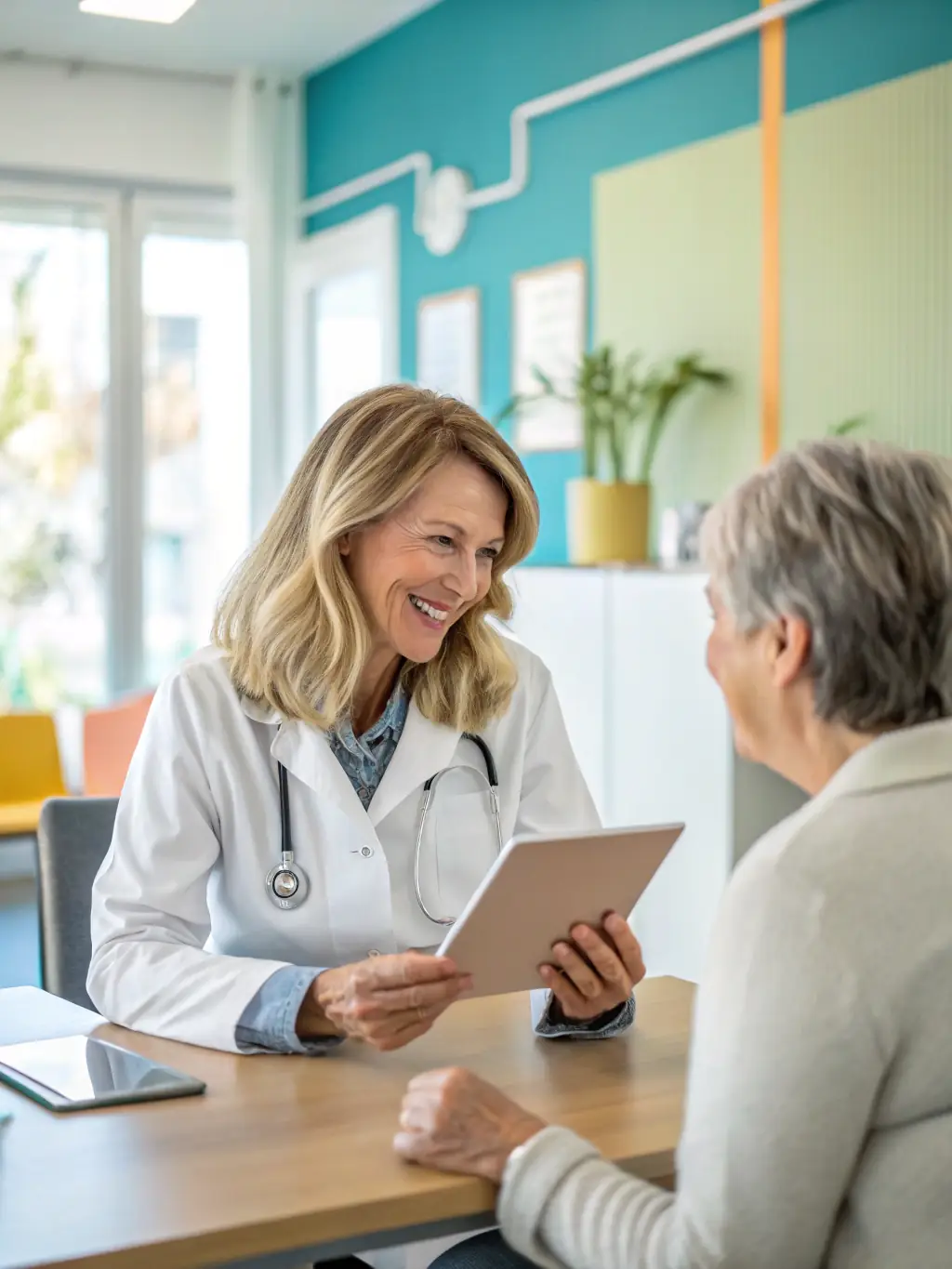 A professional consultant happily interacting with a patient during a virtual consultation, emphasizing the direct relationship and personalized care.